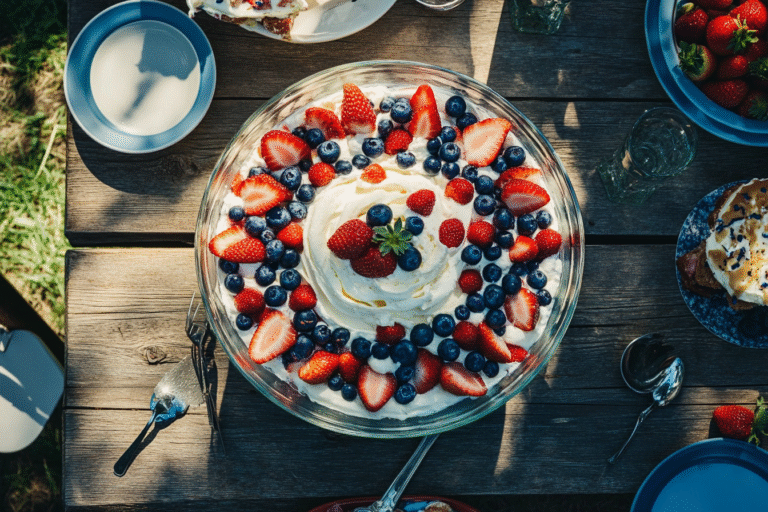 Fourth of July Trifle layered with strawberries, blueberries, and whipped cream in a clear glass bowl