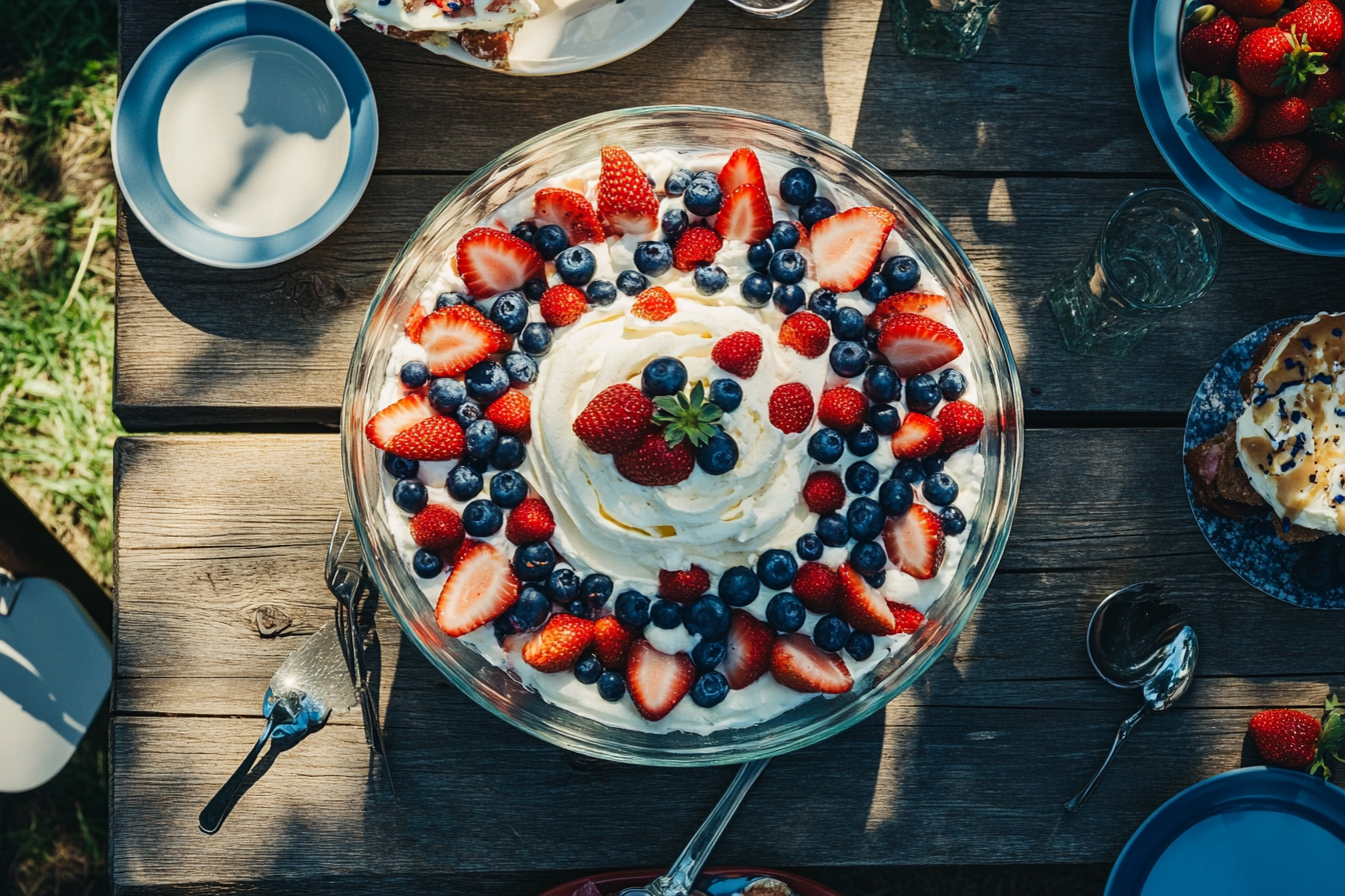 Fourth of July Trifle layered with strawberries, blueberries, and whipped cream in a clear glass bowl