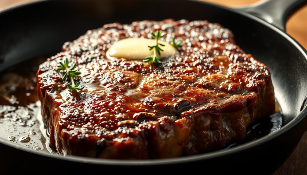 A beautifully lit close-up of a skillet-seared top round steak, with a perfect golden-brown crust and tender, juicy interior. The steak is glistening with a light coating of butter or oil, and is garnished with fresh thyme sprigs. The skillet is positioned at a dynamic angle, casting dramatic shadows and highlights across the meat's surface. The background is softly blurred, putting the steak in sharp focus and emphasizing its mouthwatering appearance. The overall mood is one of rustic sophistication, inviting the viewer to imagine the satisfying flavor and texture of this expertly prepared cut of beef. A beautifully lit close-up of a skillet-seared top round steak, with a perfect golden-brown crust and tender, juicy interior. The steak is glistening with a light coating of butter or oil, and is garnished with fresh thyme sprigs. The skillet is positioned at a dynamic angle, casting dramatic shadows and highlights across the meat's surface. The background is softly blurred, putting the steak in sharp focus and emphasizing its mouthwatering appearance. The overall mood is one of rustic sophistication, inviting the viewer to imagine the satisfying flavor and texture of this expertly prepared cut of beef.