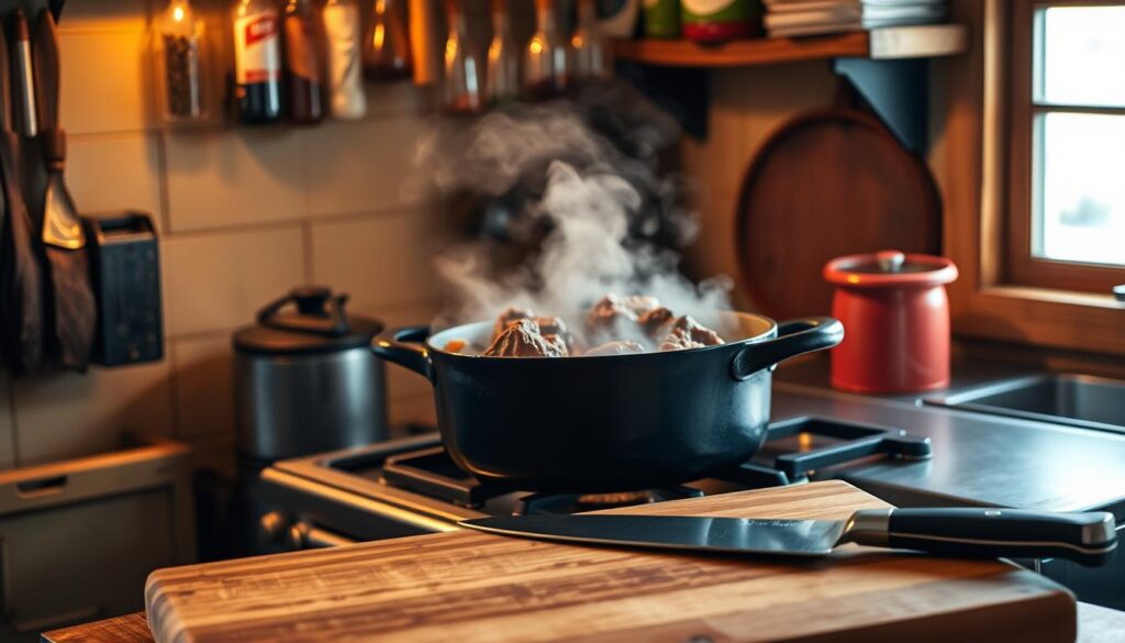 A cozy kitchen interior, warm lighting casting a soft glow over a cast iron Dutch oven simmering on a vintage stove. Steam gently rises, revealing tender meat and vegetables simmering in a rich, aromatic sauce. The scene is framed by a hanging rack of spices and herbs, their earthy scents mingling with the savory aromas. In the foreground, a well-worn wooden cutting board and a sharp chef's knife, ready for the next stage of the slow cooking process. The overall atmosphere conveys the patience and care required for low and slow cooking techniques, capturing the essence of "Slow Cooked Round Steak: Tender & Flavorful." A cozy kitchen interior, warm lighting casting a soft glow over a cast iron Dutch oven simmering on a vintage stove. Steam gently rises, revealing tender meat and vegetables simmering in a rich, aromatic sauce. The scene is framed by a hanging rack of spices and herbs, their earthy scents mingling with the savory aromas. In the foreground, a well-worn wooden cutting board and a sharp chef's knife, ready for the next stage of the slow cooking process. The overall atmosphere conveys the patience and care required for low and slow cooking techniques, capturing the essence of "Slow Cooked Round Steak: Tender & Flavorful."
