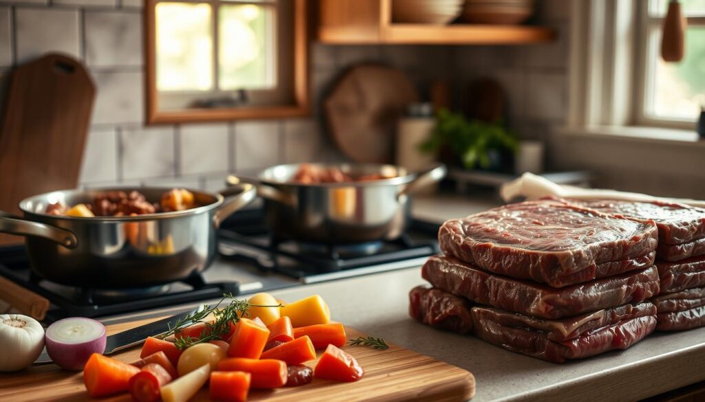 A cozy kitchen scene with a hearty beef stew simmering on the stovetop, its savory aroma filling the air. In the foreground, a cutting board showcases budget-friendly ingredients like onions, carrots, and potatoes, ready to be added to the pot. Soft, natural lighting filters through a window, casting a warm glow over the scene. On the counter, a stack of thick, juicy top round steaks await their turn to be transformed into a delicious, affordable meal. The overall atmosphere is one of simple home-cooked comfort, inviting the viewer to imagine the satisfying flavors and textures of a budget-friendly, yet flavorful beef dinner. A cozy kitchen scene with a hearty beef stew simmering on the stovetop, its savory aroma filling the air. In the foreground, a cutting board showcases budget-friendly ingredients like onions, carrots, and potatoes, ready to be added to the pot. Soft, natural lighting filters through a window, casting a warm glow over the scene. On the counter, a stack of thick, juicy top round steaks await their turn to be transformed into a delicious, affordable meal. The overall atmosphere is one of simple home-cooked comfort, inviting the viewer to imagine the satisfying flavors and textures of a budget-friendly, yet flavorful beef dinner.