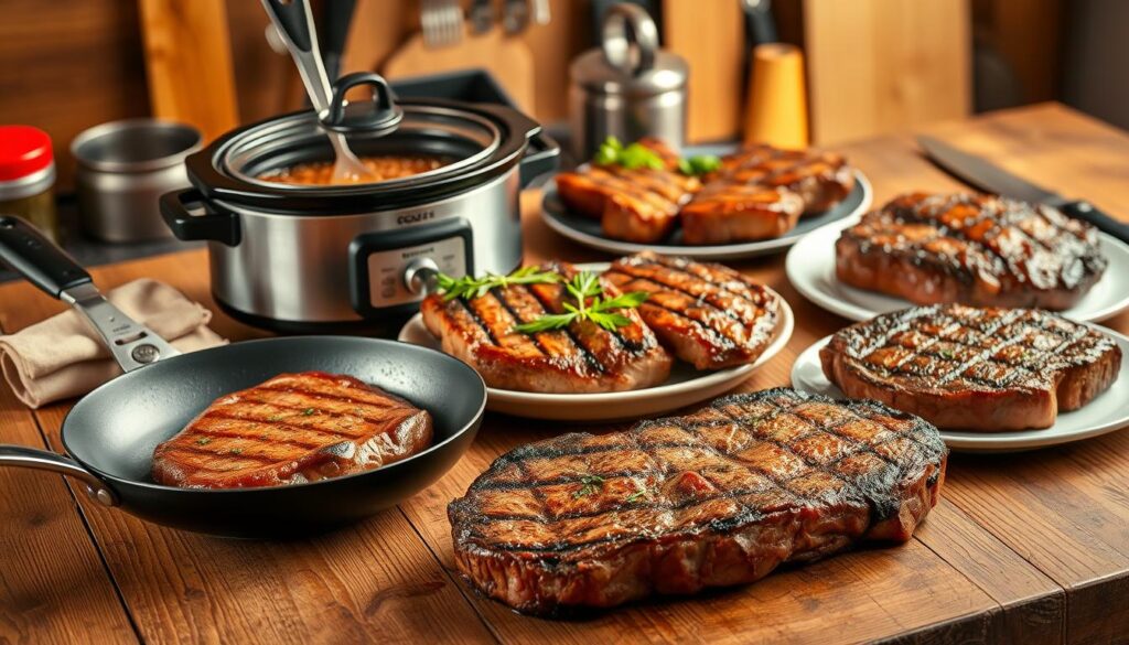 A neatly arranged display of various round steak cooking methods on a rustic wooden table. In the foreground, a sizzling pan showcases a perfectly seared steak, its juices glistening. Alongside, a slow cooker with tender, braised round steak emits a tantalizing aroma. In the middle ground, a grilled round steak is garnished with fresh herbs, while a roasted round steak rests on a platter, its exterior caramelized to perfection. The background features an array of kitchen utensils, including a meat tenderizer and a carving knife, hinting at the versatility of round steak preparation. The lighting is warm and inviting, casting a golden glow over the scene, evoking a sense of homemade comfort and culinary expertise. A neatly arranged display of various round steak cooking methods on a rustic wooden table. In the foreground, a sizzling pan showcases a perfectly seared steak, its juices glistening. Alongside, a slow cooker with tender, braised round steak emits a tantalizing aroma. In the middle ground, a grilled round steak is garnished with fresh herbs, while a roasted round steak rests on a platter, its exterior caramelized to perfection. The background features an array of kitchen utensils, including a meat tenderizer and a carving knife, hinting at the versatility of round steak preparation. The lighting is warm and inviting, casting a golden glow over the scene, evoking a sense of homemade comfort and culinary expertise.