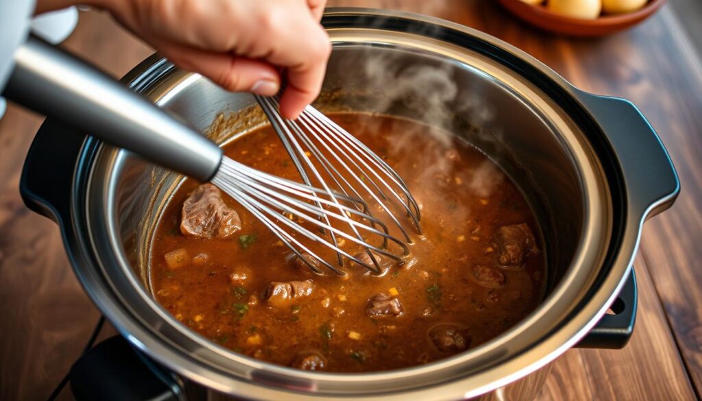 A nourishing gravy simmers gently in a slow cooker, the aroma of savory herbs and simmered beef filling the air. In the foreground, a chef's hands carefully whisk the thickening mixture, their movements precise and methodical. The cooker's gleaming stainless steel surface reflects the warm lighting overhead, casting a soft glow on the scene. In the background, a rustic wooden table sets the stage, hinting at the hearty, homemade meal to come. The overall atmosphere is one of comforting domesticity, the slow cooking process evoking a sense of patience and care. A nourishing gravy simmers gently in a slow cooker, the aroma of savory herbs and simmered beef filling the air. In the foreground, a chef's hands carefully whisk the thickening mixture, their movements precise and methodical. The cooker's gleaming stainless steel surface reflects the warm lighting overhead, casting a soft glow on the scene. In the background, a rustic wooden table sets the stage, hinting at the hearty, homemade meal to come. The overall atmosphere is one of comforting domesticity, the slow cooking process evoking a sense of patience and care.