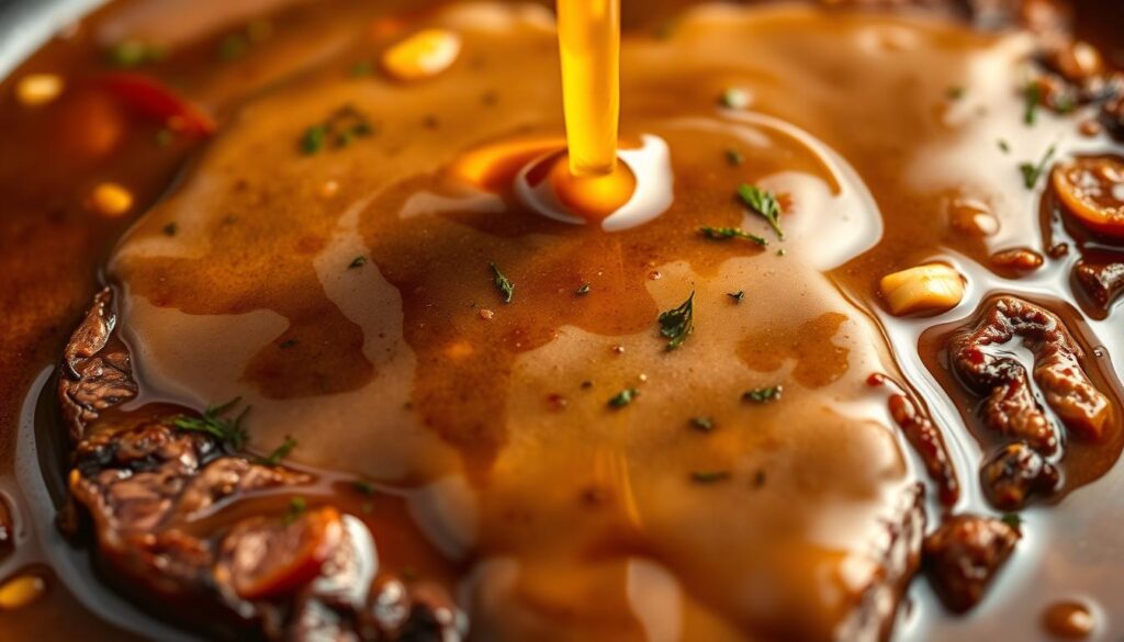 A rich, savory gravy cascading over tender, juicy slices of round steak. Glistening pan-seared beef simmered in a thick, flavorful sauce, infused with notes of garlic, onion, and fragrant herbs. The gravy's deep, mahogany hue is accentuated by the warm, golden lighting, casting a comforting glow. Captured from a low, angled perspective, the steak and gravy fill the frame, inviting the viewer to savor each mouthwatering bite. Textures of the beef and the silky, glossy gravy are rendered with meticulous detail, evoking the senses of taste and smell. This image perfectly captures the essence of essential ingredients and flavor enhancers, elevating a simple round steak dish into a truly savory and satisfying meal. A rich, savory gravy cascading over tender, juicy slices of round steak. Glistening pan-seared beef simmered in a thick, flavorful sauce, infused with notes of garlic, onion, and fragrant herbs. The gravy's deep, mahogany hue is accentuated by the warm, golden lighting, casting a comforting glow. Captured from a low, angled perspective, the steak and gravy fill the frame, inviting the viewer to savor each mouthwatering bite. Textures of the beef and the silky, glossy gravy are rendered with meticulous detail, evoking the senses of taste and smell. This image perfectly captures the essence of essential ingredients and flavor enhancers, elevating a simple round steak dish into a truly savory and satisfying meal.