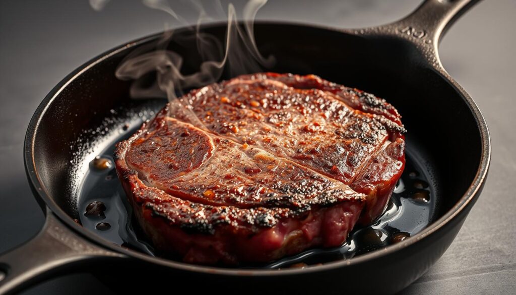 A sizzling eye of round steak searing in a cast-iron skillet, the surface caramelized and glistening under the warm, focused lighting. Wisps of smoke drift upwards, hinting at the savory aromas. Droplets of rendered fat speckle the skillet's surface, adding depth and texture. The steak is positioned at a slight angle, revealing its juicy, pink interior. The skillet is set against a muted, neutral background, allowing the steak to be the star of the scene. The lighting is controlled, creating dramatic shadows and highlights that accentuate the steak's form and the skillet's metallic sheen. An inviting, mouth-watering scene that captures the essence of cooking a delicious eye of round steak. A sizzling eye of round steak searing in a cast-iron skillet, the surface caramelized and glistening under the warm, focused lighting. Wisps of smoke drift upwards, hinting at the savory aromas. Droplets of rendered fat speckle the skillet's surface, adding depth and texture. The steak is positioned at a slight angle, revealing its juicy, pink interior. The skillet is set against a muted, neutral background, allowing the steak to be the star of the scene. The lighting is controlled, creating dramatic shadows and highlights that accentuate the steak's form and the skillet's metallic sheen. An inviting, mouth-watering scene that captures the essence of cooking a delicious eye of round steak.