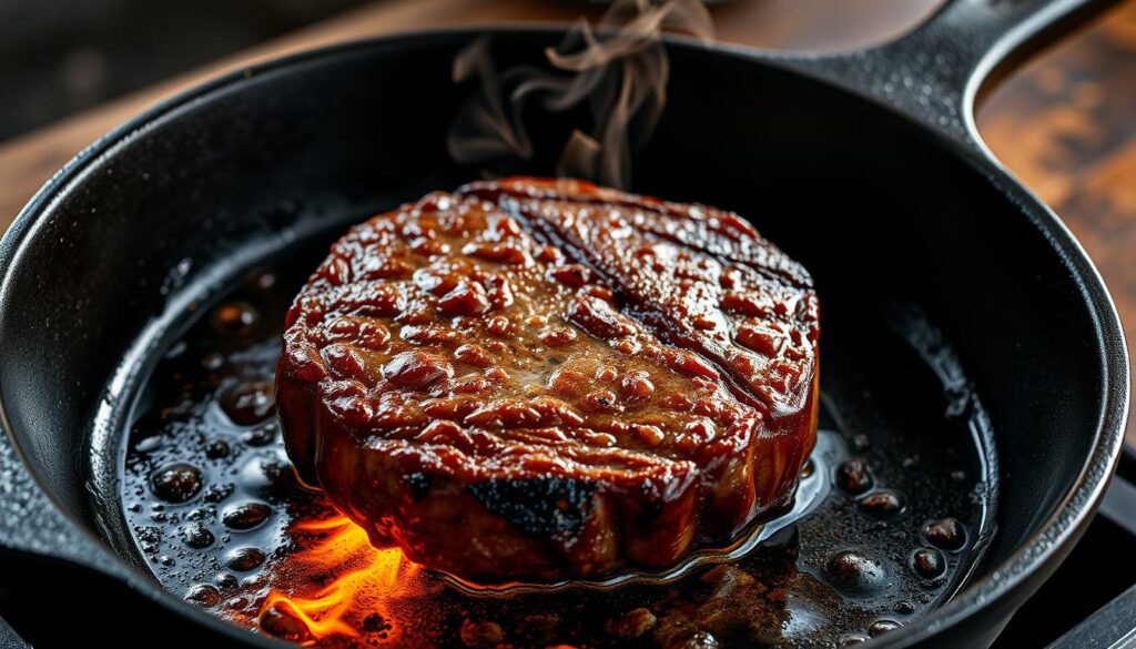 A sizzling round steak sears in a cast-iron skillet, its edges caramelized to a deep brown. The meat's rich, beefy aroma fills the air, mingling with the earthy scent of melted butter. Bright, dancing flames lick the sides of the skillet, their flickering light casting a warm, rustic glow. Wisps of savory steam rise from the steak's surface, hinting at the tender, juicy interior waiting to be revealed. The skillet is angled slightly, its sturdy handle anchoring the scene, while the steak's perfect sear is the undisputed focal point, drawing the eye with its tempting, mouth-watering appeal. A sizzling round steak sears in a cast-iron skillet, its edges caramelized to a deep brown. The meat's rich, beefy aroma fills the air, mingling with the earthy scent of melted butter. Bright, dancing flames lick the sides of the skillet, their flickering light casting a warm, rustic glow. Wisps of savory steam rise from the steak's surface, hinting at the tender, juicy interior waiting to be revealed. The skillet is angled slightly, its sturdy handle anchoring the scene, while the steak's perfect sear is the undisputed focal point, drawing the eye with its tempting, mouth-watering appeal.