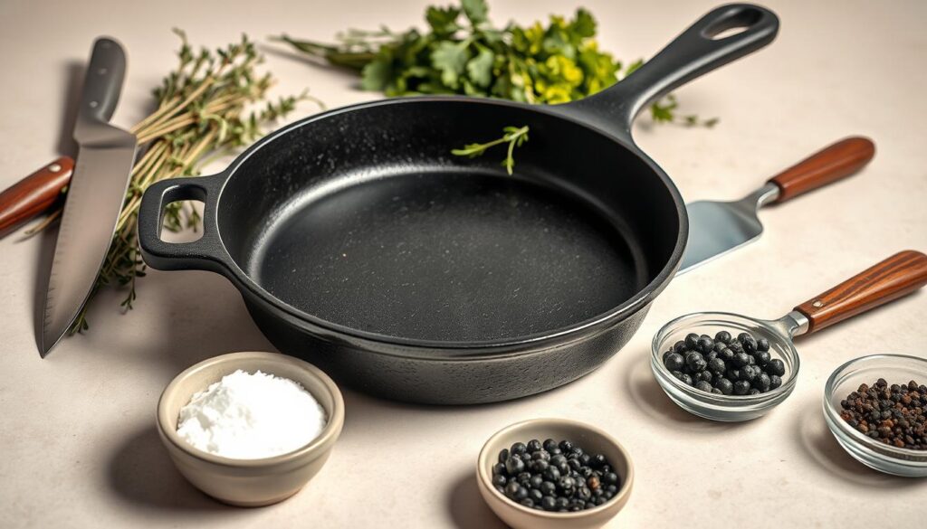 A well-lit, high-resolution close-up shot of a classic cast iron skillet, accompanied by essential cooking tools and ingredients. In the foreground, the skillet takes center stage, its rugged, seasoned surface gleaming under a warm, natural light. Surrounding it are a selection of kitchen essentials: a sharp chef's knife, a long-handled spatula, a bundle of fresh thyme, a small dish of coarse sea salt, and a shallow bowl of freshly cracked black peppercorns. The background is a clean, neutral surface, allowing the cast iron skillet and its complementary elements to be the focal point of the image, conveying a sense of rustic elegance and culinary preparedness. A well-lit, high-resolution close-up shot of a classic cast iron skillet, accompanied by essential cooking tools and ingredients. In the foreground, the skillet takes center stage, its rugged, seasoned surface gleaming under a warm, natural light. Surrounding it are a selection of kitchen essentials: a sharp chef's knife, a long-handled spatula, a bundle of fresh thyme, a small dish of coarse sea salt, and a shallow bowl of freshly cracked black peppercorns. The background is a clean, neutral surface, allowing the cast iron skillet and its complementary elements to be the focal point of the image, conveying a sense of rustic elegance and culinary preparedness.