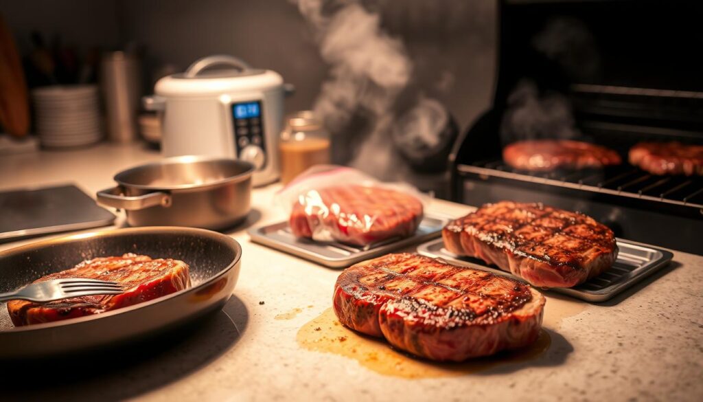 A well-lit kitchen counter, showcasing an array of cooking techniques for top round steak. In the foreground, a sizzling skillet with a perfectly seared steak, its golden-brown crust glistening under warm, directional lighting. Beside it, a slow-cooked steak, its tender texture evident in the gentle pull of a fork. In the middle ground, a sous vide immersion circulator bubbles softly, a steak encased in a clear plastic bag submerged in the precise temperature-controlled water bath. In the background, a charcoal grill smokes, its grates bearing the signature char marks of a grilled steak. The scene exudes a sense of culinary expertise, inviting the viewer to explore the nuanced differences between each cooking method. A well-lit kitchen counter, showcasing an array of cooking techniques for top round steak. In the foreground, a sizzling skillet with a perfectly seared steak, its golden-brown crust glistening under warm, directional lighting. Beside it, a slow-cooked steak, its tender texture evident in the gentle pull of a fork. In the middle ground, a sous vide immersion circulator bubbles softly, a steak encased in a clear plastic bag submerged in the precise temperature-controlled water bath. In the background, a charcoal grill smokes, its grates bearing the signature char marks of a grilled steak. The scene exudes a sense of culinary expertise, inviting the viewer to explore the nuanced differences between each cooking method.