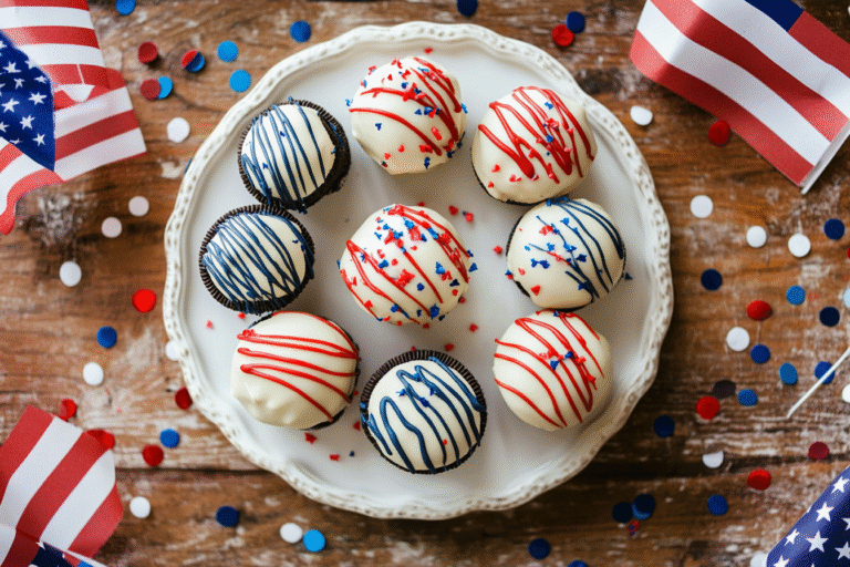 Overhead view of patriotic Oreo truffles dipped in white chocolate with red and blue drizzle, styled on a white platter with 4th of July decorations