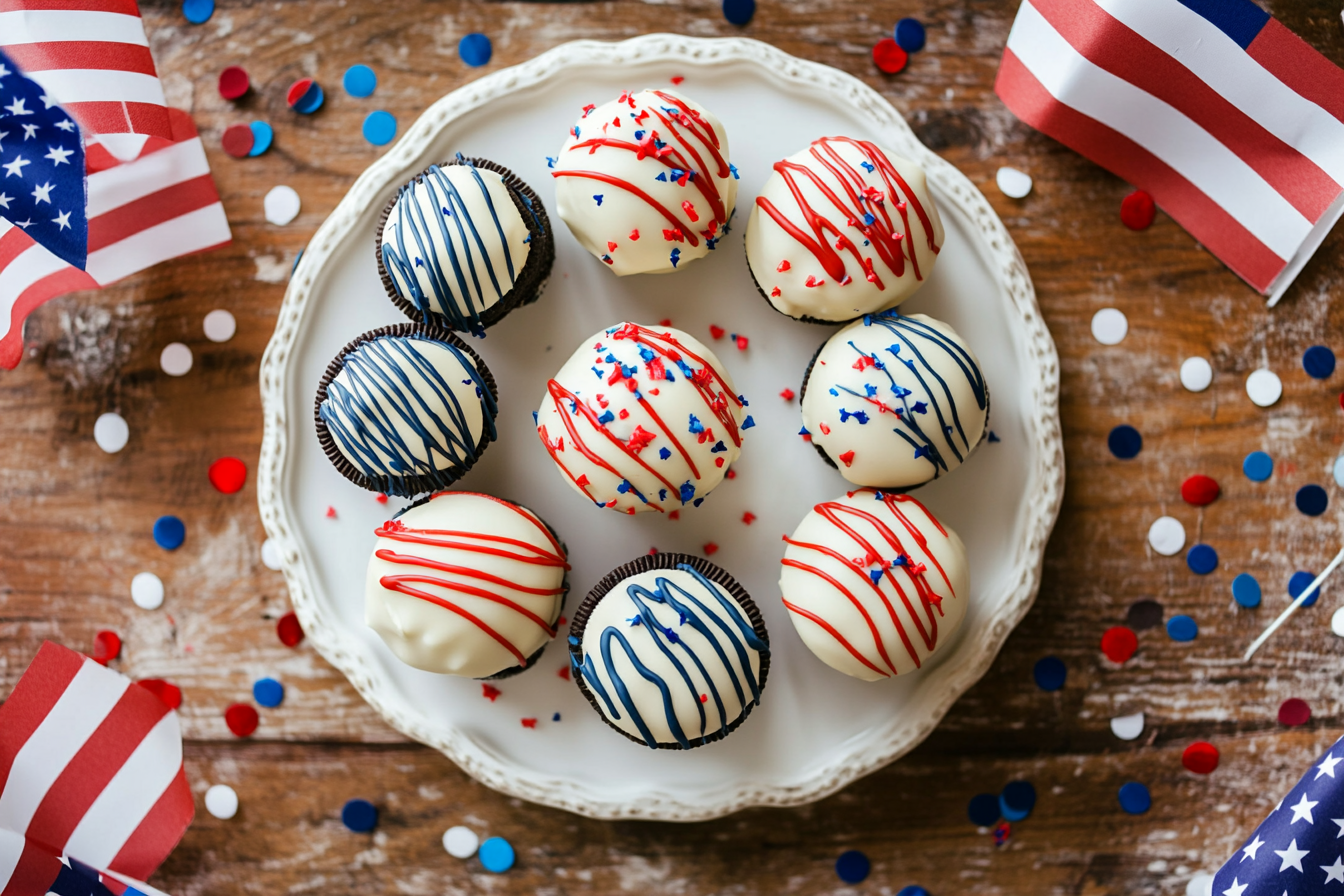 Overhead view of patriotic Oreo truffles dipped in white chocolate with red and blue drizzle, styled on a white platter with 4th of July decorations