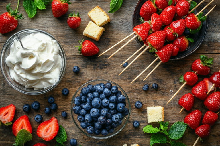 Berry Shortcake Skewers with fresh strawberries, blueberries, whipped cream, and pound cake served on a wooden board – perfect for patriotic summer desserts