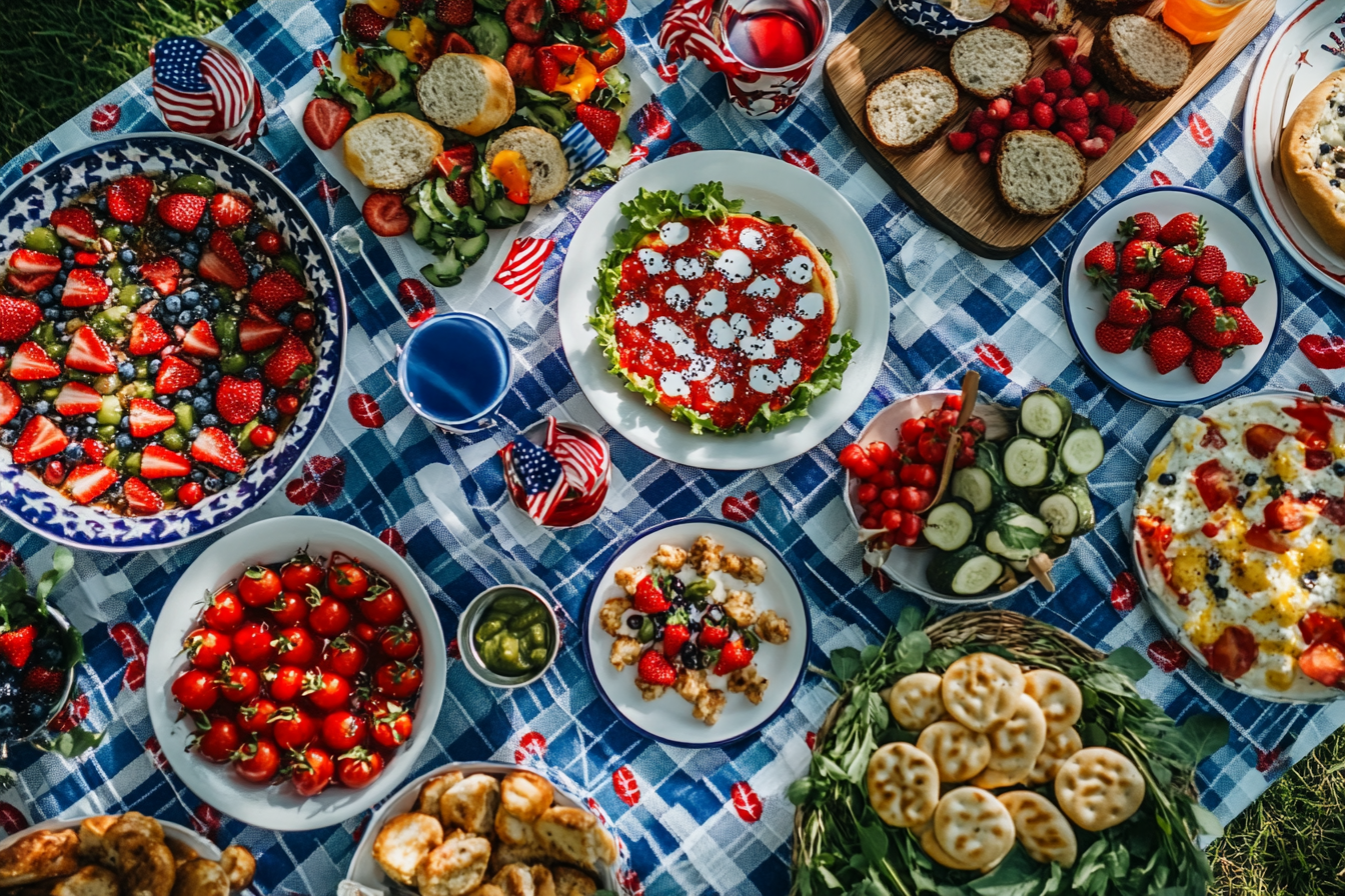 Delicious 4th of July food appetizers displayed on a patriotic picnic table