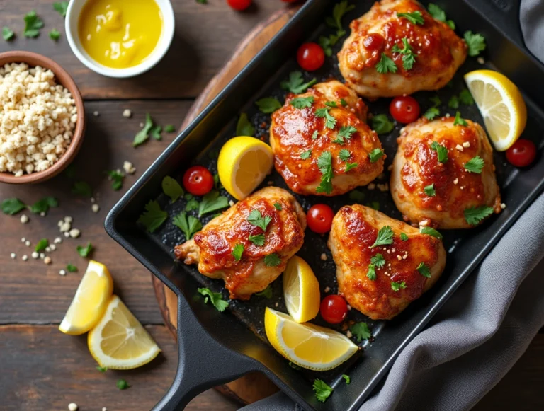 Oven-roasted chicken thighs with lemon and herbs on a wooden plate – part of Flavorful Modern Recipes for everyday cooking